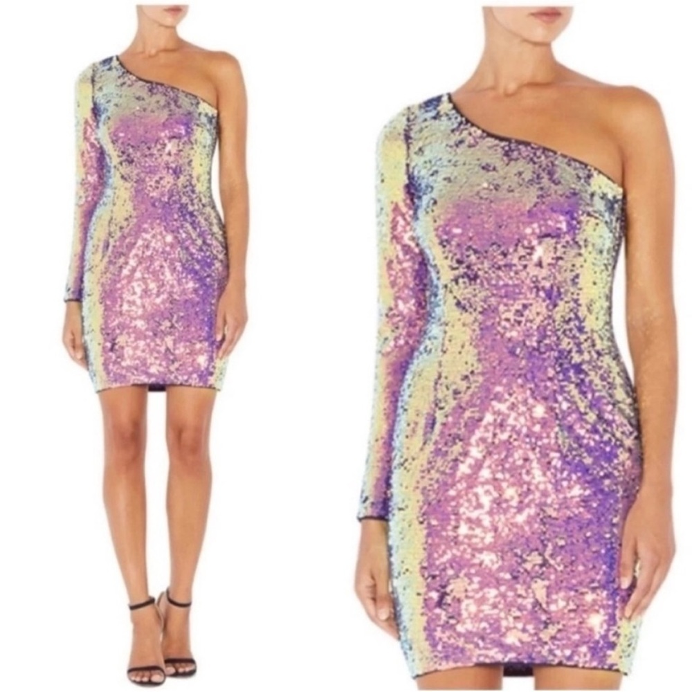 Aidan Mattox Iridescent Sequin One Shoulder Mini Cocktail Dress NWT